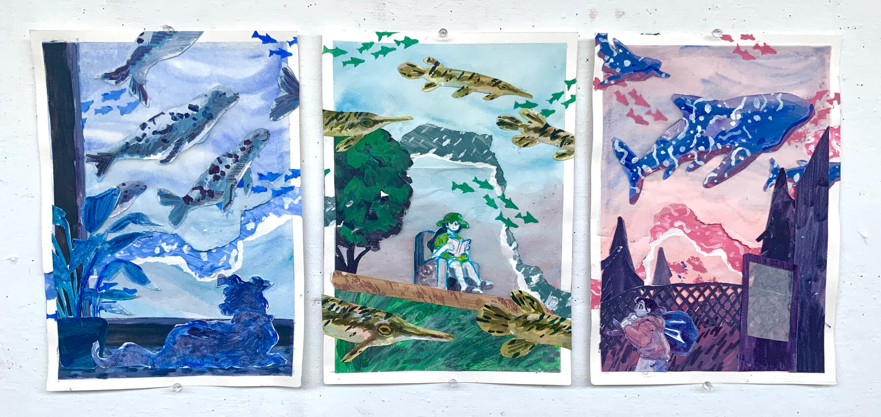 Sea Creatures Day Out - Traditional mixed-media triptych about spotted seals, alligator gar, and whale sharks existing in everyday places