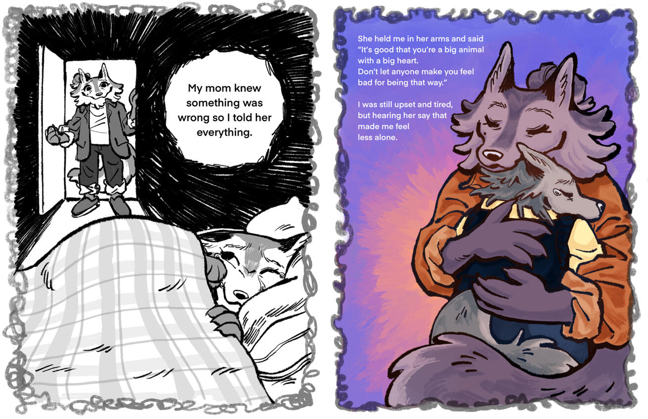 Mom - Two pages from my children’s book story, The Wolf Who Cried Deer, featuring the main character and her mother