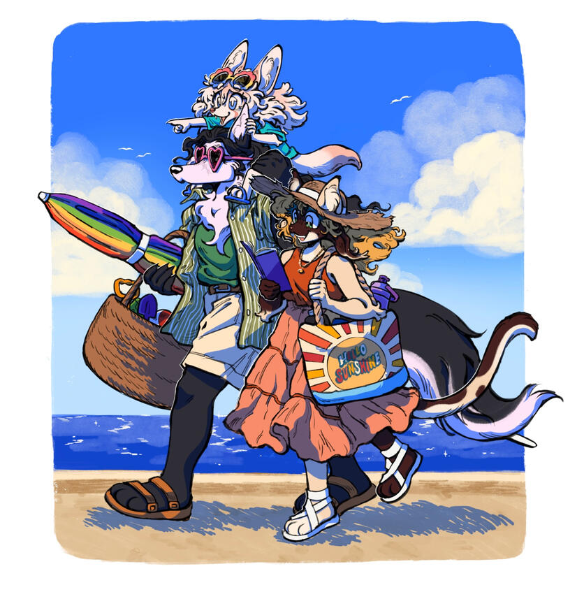 Beach Time - Seasonal drawing of my original characters (Top to Bottom) Elliot, Audrey, and Cammie going on a vacation