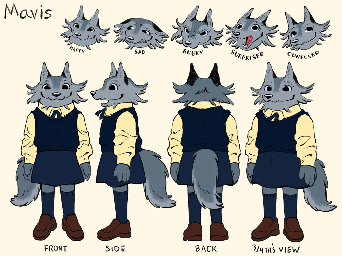 Mavis - Turnaround sheet of my main character for my children’s book story, The Wolf Who Cried Deer