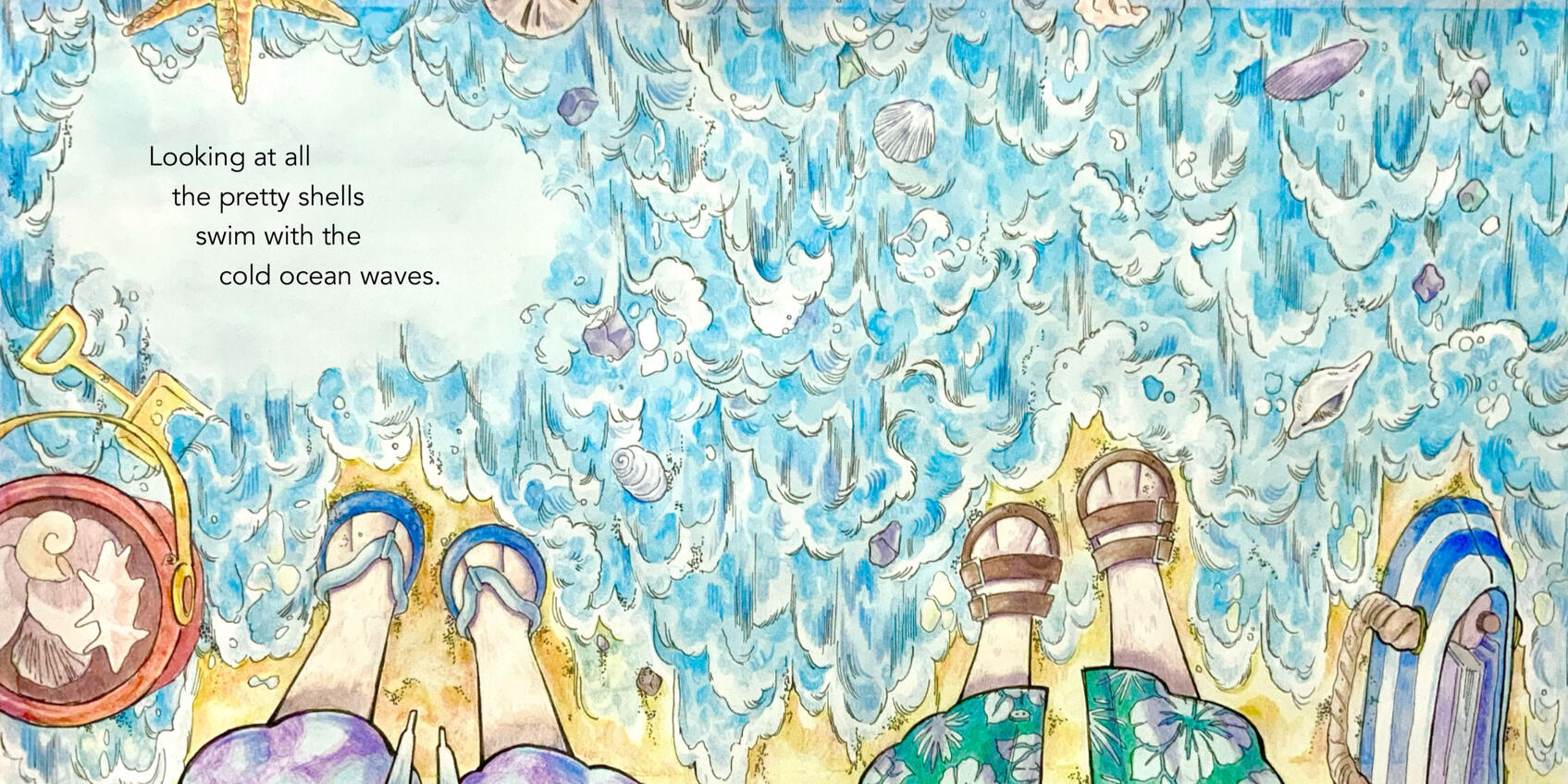 The Sea - First traditional double page spread for a children’s book marketing assignment about a cat and fox exploring nature