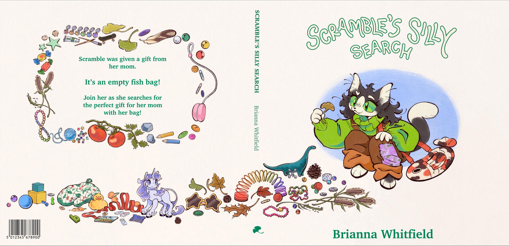 Scramble’s Silly Search - Children’s book cover for my thesis about a kitten named Scramble on a mission to find the perfect gift for her mom