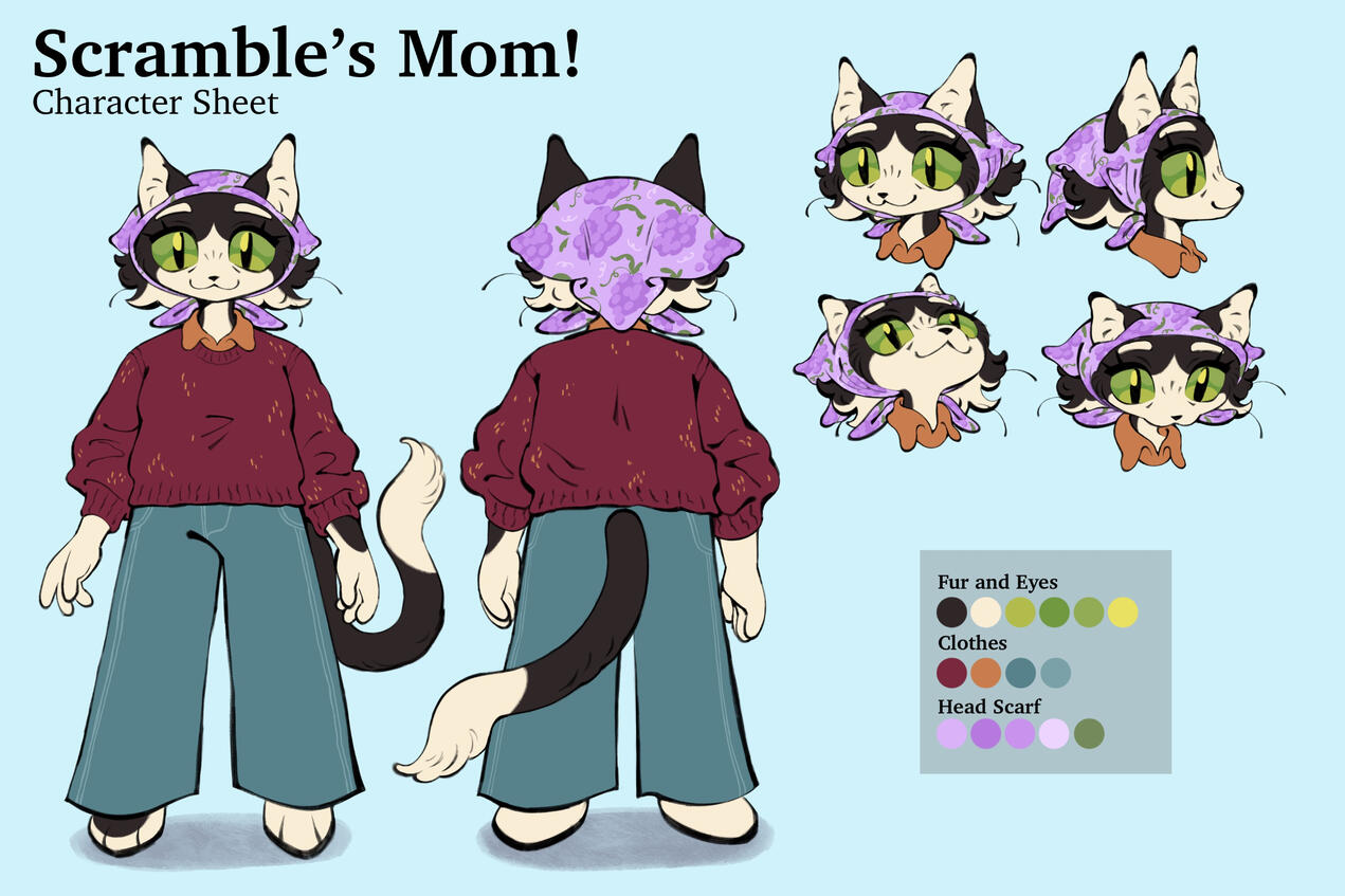 Scramble’s Mom - Character sheet of my main character’s mom for my thesis, Scramble’s Silly Search